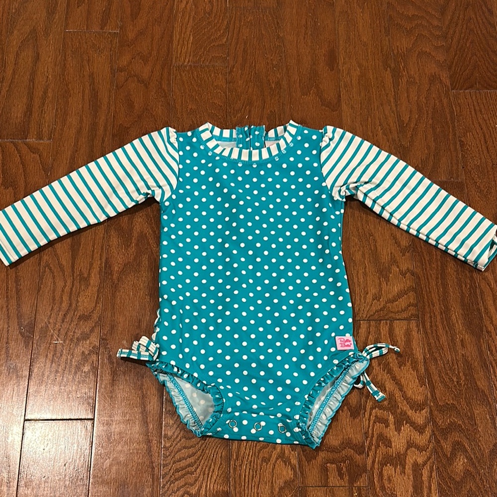 Ruffle Butts Teal Polka Dot and Striped Long Sleeve Rashguard